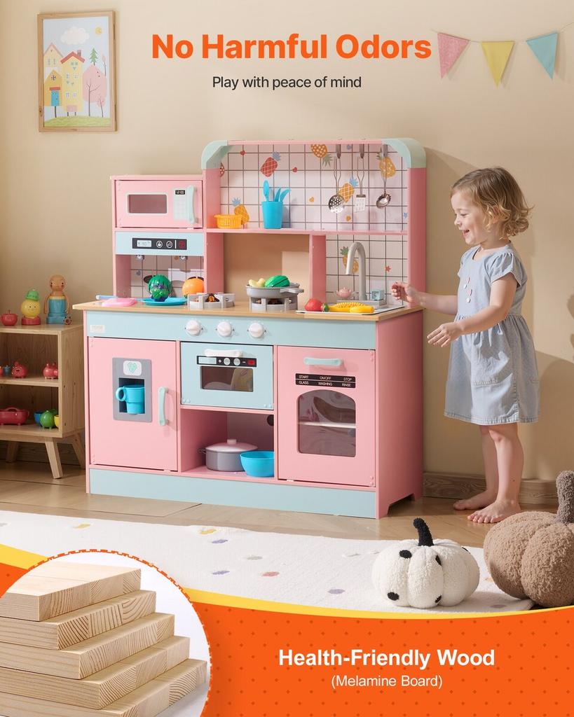 Kitchen Playset Kids Pretend Cooking Play Toy 24 Piece Accessories Pink