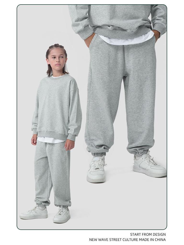 Children's Solid Color Loose-Fit Sweatpants and Sweatshirt Set - Combed Cotton, Large Terry Cloth for Big and Middle Kids