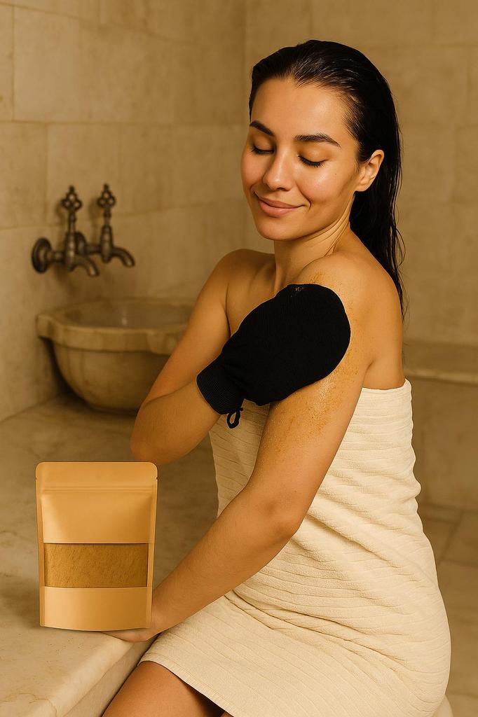 Natural Tabrima Powder100g + Kessa Glove – Moroccan Hammam Exfoliation & Skin Purifying Set