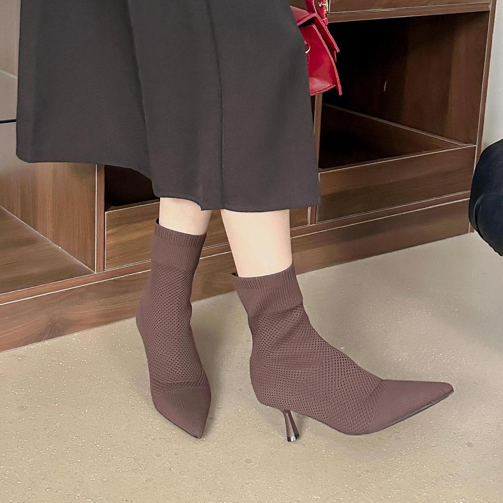 Flying woven high-heeled fashion boots for women, Europe, America 2025 spring and autumn new thin heels pointed sleeves elastic thin socks boots f
