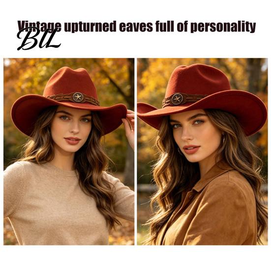 Winter Windproof Wool Cap Unisex Western Cowboy Hat, Felt Fedora Hat with Faux Leather Band, Retro Wide Brim Cowgirl for Men Women Autumn Warm