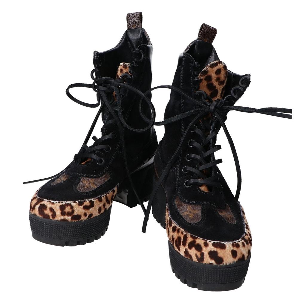 LOUIS VUITTON Monogram xhair calf lace-up boots shoes 38Used