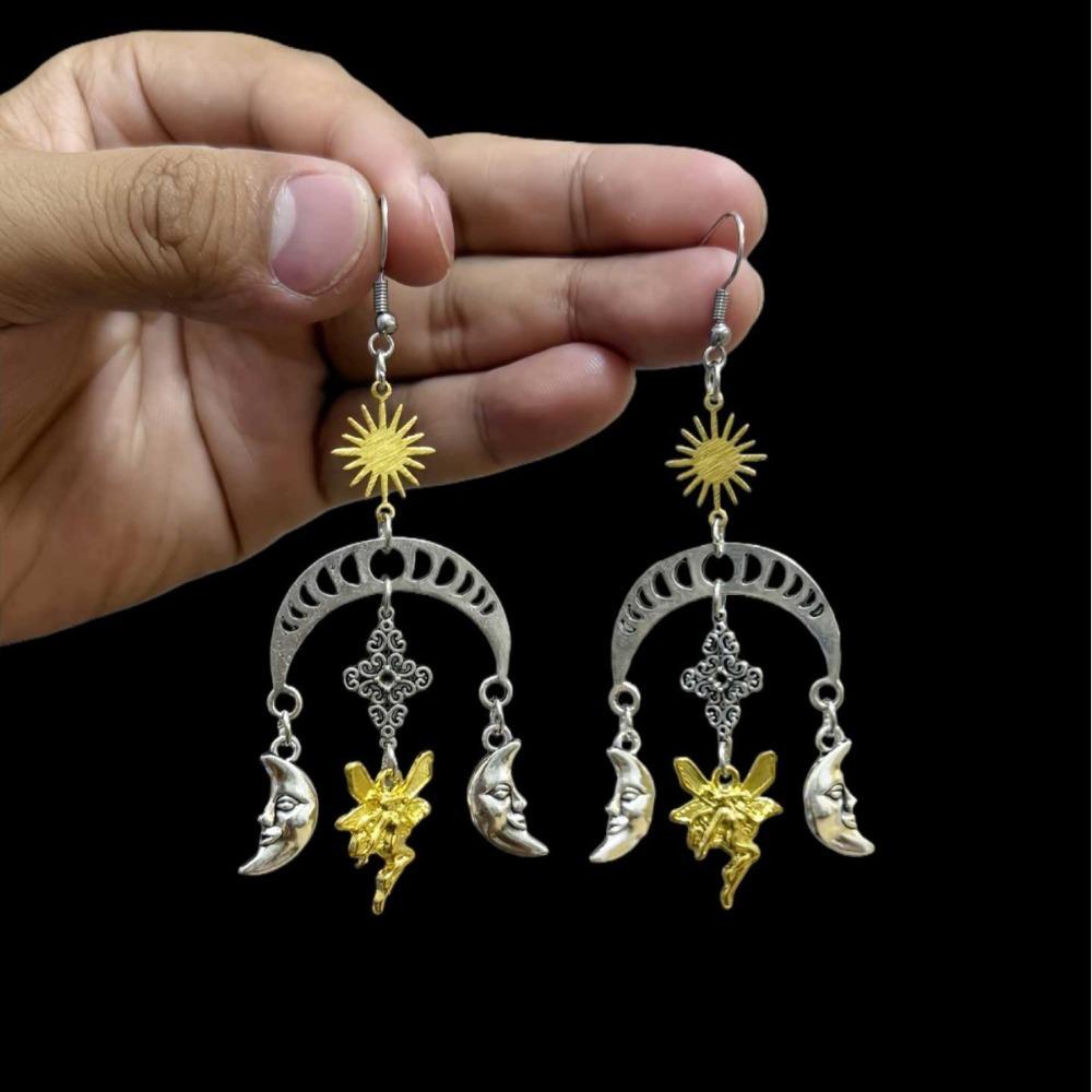 Bohemian-style Hollowed-out Crescent Moon Human Face Sun Butterfly Dangle Earrings for Woman Dramatic Jewelry Accessories Gifts