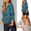 Women Autumn Retro Soft Cotton V Neck Long Sleeve Shirt Floral Print Top Blouse
