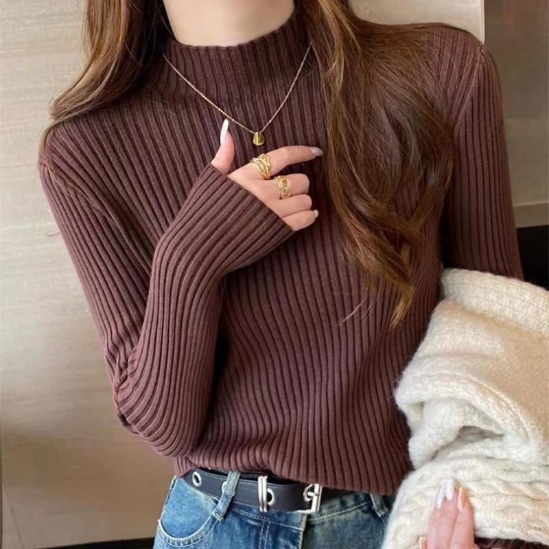 Autumn and winter new simple knitted sweater bottoming top women's versatile slim-fitting and thin semi-turtleneck pullover sweater inner