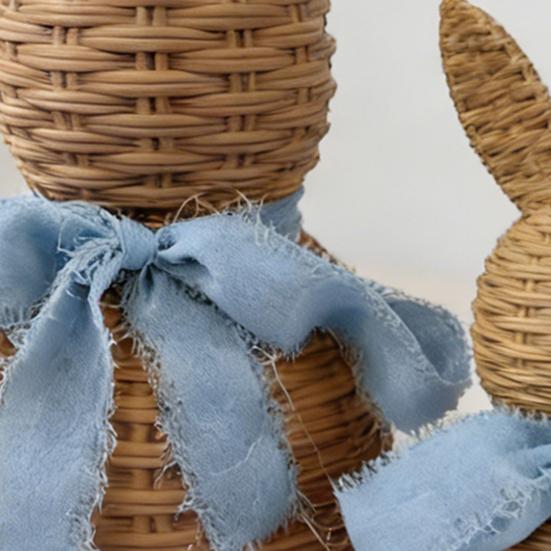 1 Paar Rattan-Optik Hasen-Dekorationsset Große Kleine Hasenstatue mit Schleifen-Dekor Frühlings-Tischdekoration Bauernhaus Heim Osterdekoration