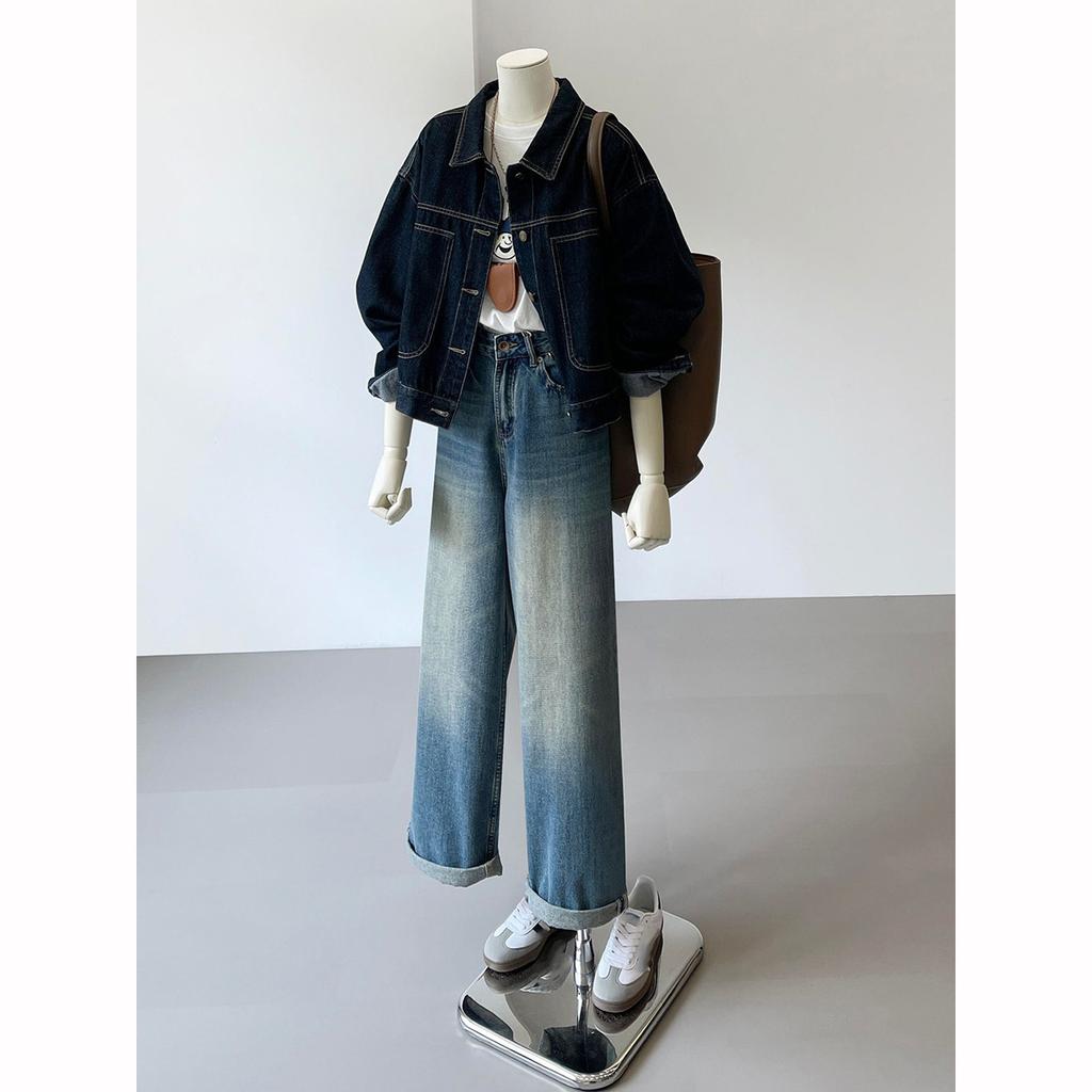 Short Denim Jacket Work Style Spring Fall Casual Pocket Thin Blouse