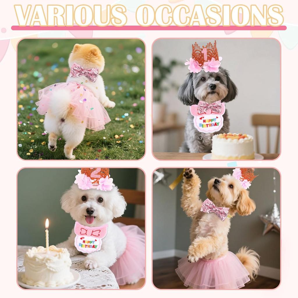 5PCS Girl Dog Birthday Outfit,Small Dog Birthday Hat with Numbers Decorations(Pink)