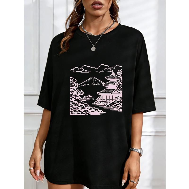 

White T Shirt With Pink And Black Japanese Landscape Print For Casual Wear XXXXL чорний