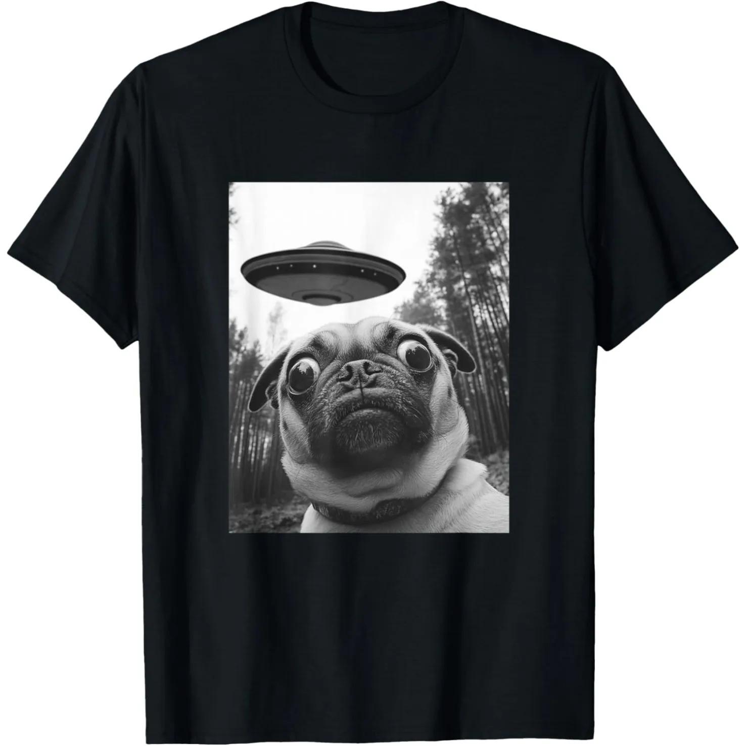 Pug Dog UFO Alien Abduction Funny Meme Graphic T-Shirt | Cute Dog Lover Sci-Fi Streetwear Tee 4XL