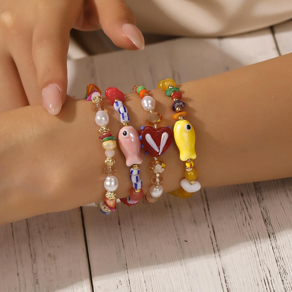 Fashion Beaded Bracelet Ceramic Love Fish Bracelet European and American New Imitation Pearl Crystal Beaded Bracelet Jewelry