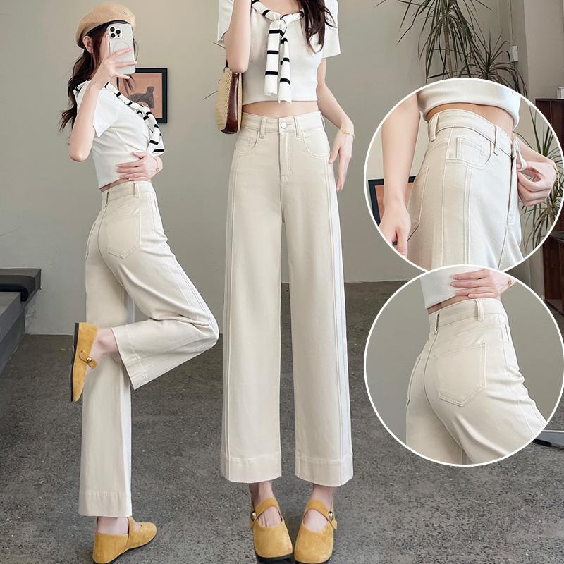 Women s Off-White Tencel Wide-Leg Denim Pants with Elastic Patchwork for Summer 2026 S (85-95 lbs)