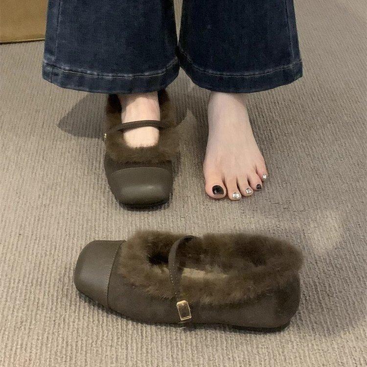 

Мягкая подошва, пушистые туфли, зимняя обувь, женская обувь 2025, осень и зима, новые туфли Мэри Джейн с квадратным носком, бархатные теплые хлопковые туфли 35