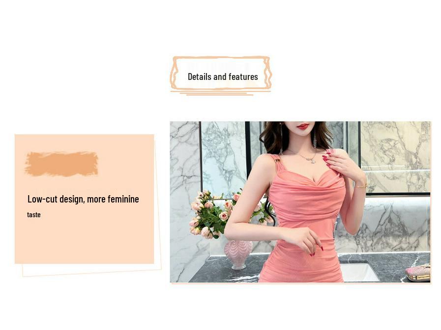 Chic Spicy Girl Sexy Camisole Dress: Slimming Waist-Cinching Pleated Mesh Hip Wrap Skirt