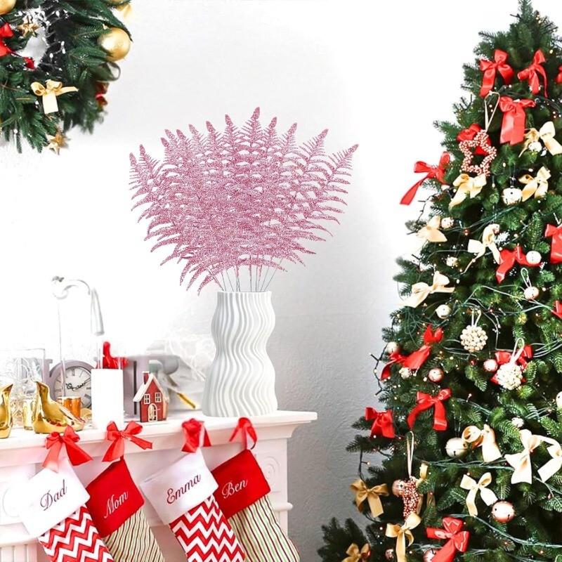 5Pcs Glitter Artificial Leaves Branches Christmas Tree Decoration  Bouquet for Home Decor Party Supplies Xmas Wreath Accessories