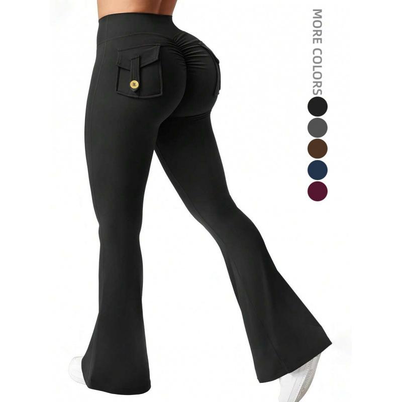 

Spring Summer Women s Black High Waist Flare Leggings Ruched Butt Lift Pants With Pockets S чорний