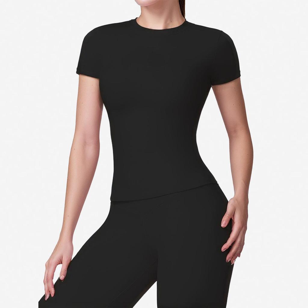 Women's Plain Round Neck Quick-Dry Yoga T-Shirt - Summer Slim Fit Fitness Top