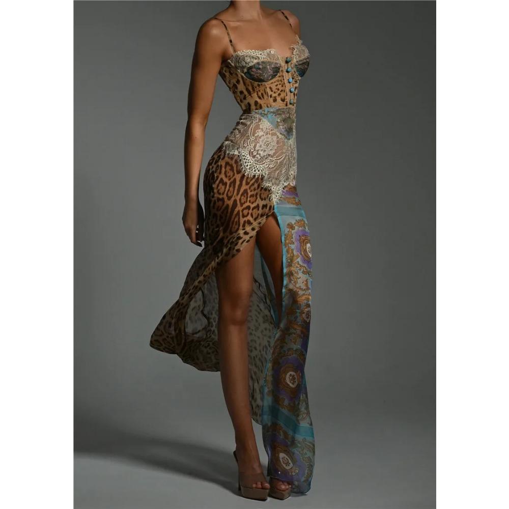 Leopard Print LaAe Split Sexy Maxi Dress Women Gown Elegant Patchwork Chiffon Sleeveless Backless Beach Evening Dress