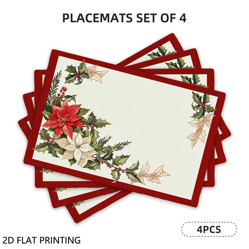 4pcs/6pcs, Christmas Placemats for Dining Table, Poinsettia Holly Border Placemats for Dining Table, Suitable for Holiday Party, Banquet, Home Kitchen