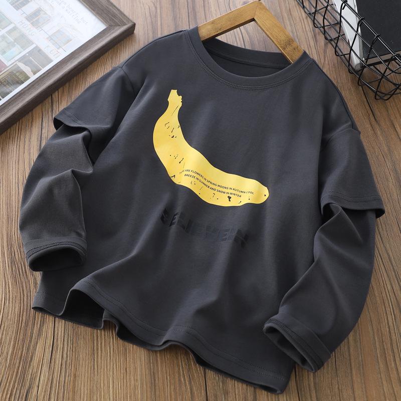 

2025 Autumn Big Kids Banana Print Fake Two-Piece Casual T-Shirt 110 cm