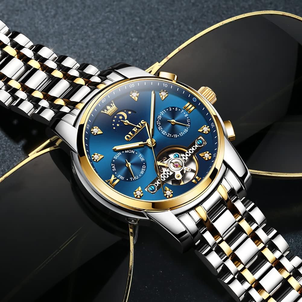 OLEVS Automatic Stylish Mechanical Day Popular Business Date Suitable for Job Skeleton Dial Men's Watch, Wristwatch, Father's Gift, Watch, Luminous,