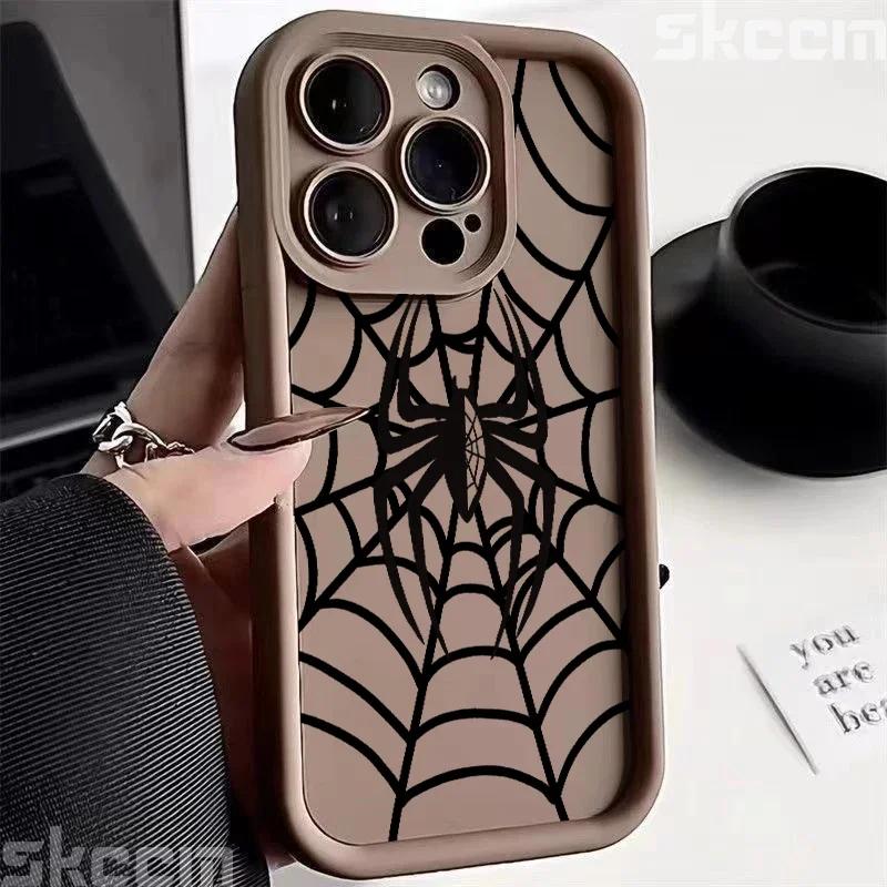 Black Spider Web Soft TPU Phone Case For iPhone 16 15 14 Pro Max 13 12 11 XR X XS 7 8 16 Plus Matte Shockproof Cover