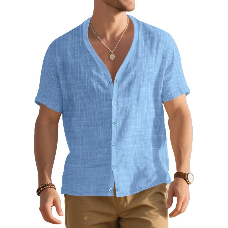 

American men s summer imitation hemp bamboo short-sleeved Henry shirt loose casual trend button cardigan T-shirt men s XXXL світло-синій колір