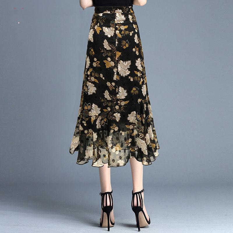 Women's Summer Half Skirt A-line Fishtail Skirt Chiffon Printed Mid Length High Waist Half Skirt