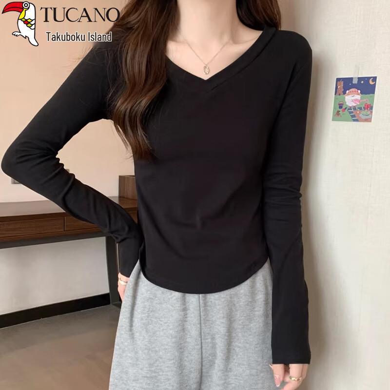 Woodpecker Women's V-Neck Slim-Fit Long-Sleeve Cotton T-Shirt with Fan Hem