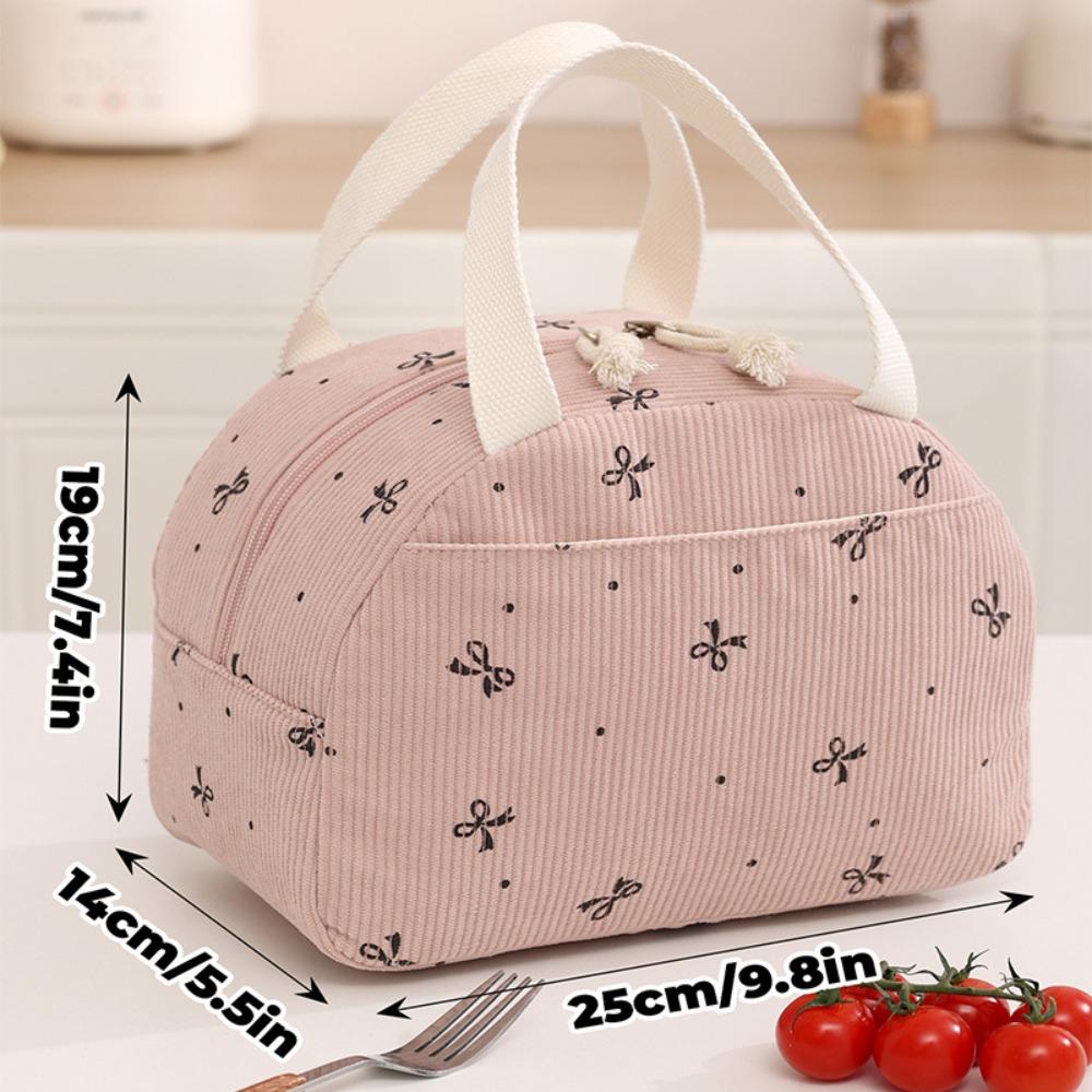 

New Corduroy Lunch Bag Thermal Insulated Cute Bear Bow Picnic Food Pouch Multi-functional Storage Handbag for Outdoor Travel