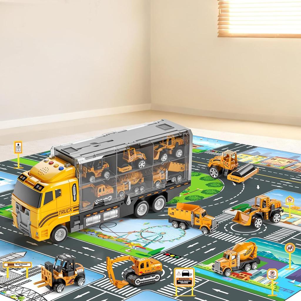 Toddler Boys Construction Truck Vehicle Toy Set with Play Mat and Die-Cast Toy Car, Transport Carrier Truck for Kids 3-5