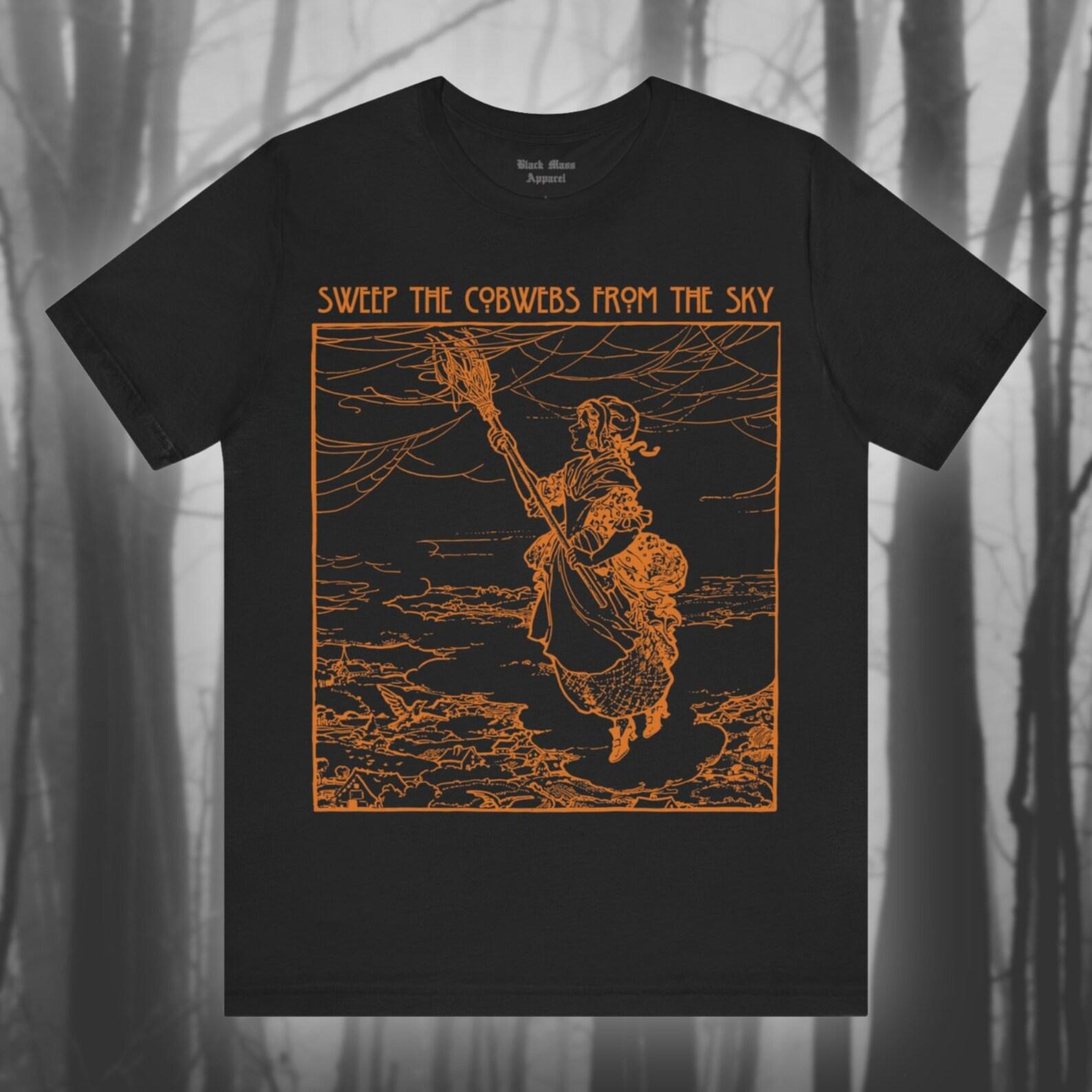 Sweep the Cobwebs, Witchy Goth T-Shirt, Vintage Halloween Shirt, Witch on Broom, Creepy Witchcraft, Spooky Season Unisex Short Sleeve Tee S
