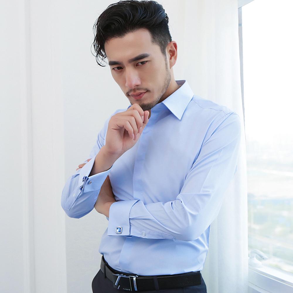 Men's French Front Hidden Buttons Dress Shirt, Solid Color Turndown Collar Long Sleeve Shirts For Party Wedding Spring Autumn Business Activities