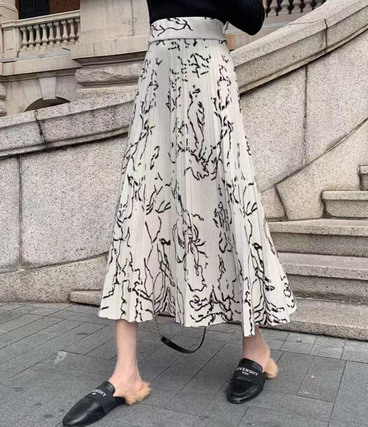 Французская ретро юбка-миди А-силуэта с высокой талией: Осенне-зимняя плиссированная вязаная юбка One size fits 80-150 catty грязно-белый