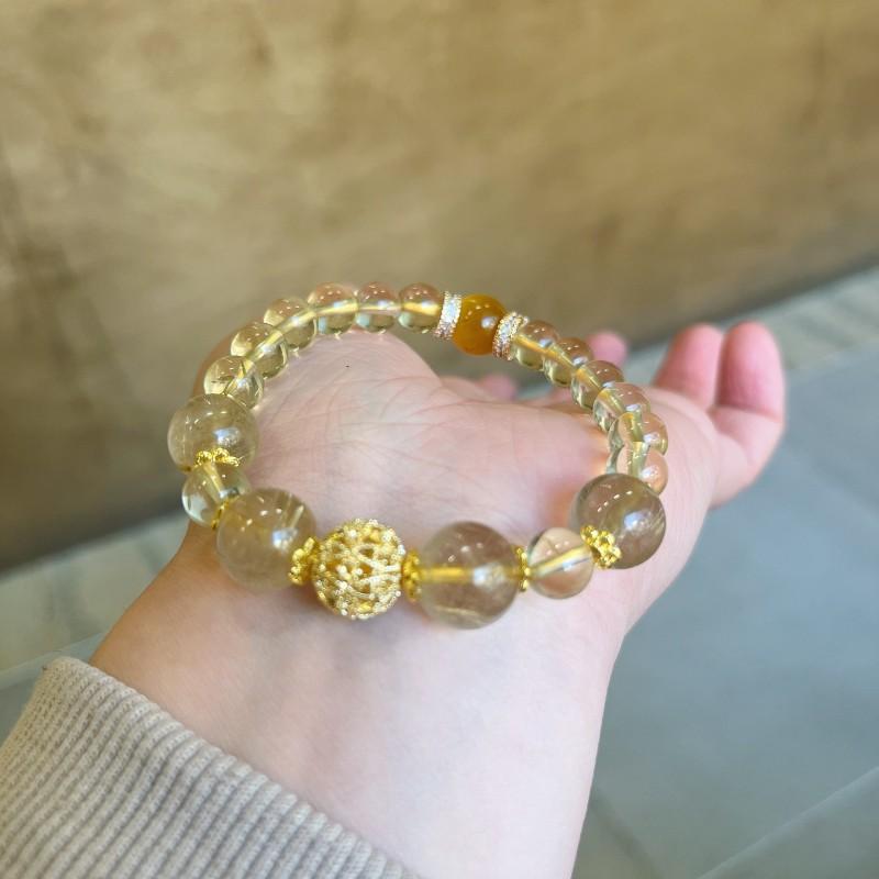 Handmade Natural Citrine Bracelet With Rutilated Quartz Beads 8mm Large Stylish Minimalist Womens Jewelry Gift