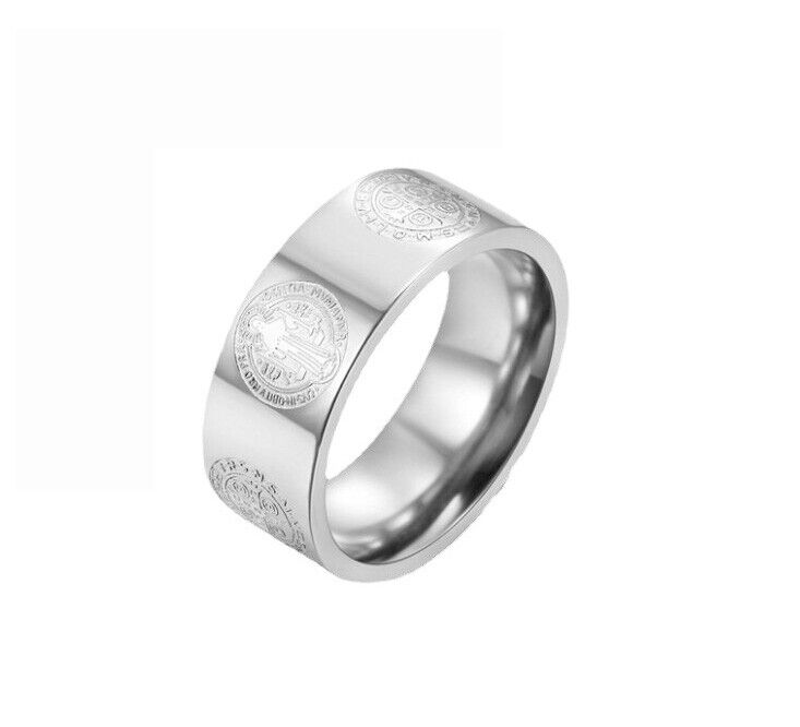 Mens 8mm Stainless Steel Relief Catholic St Saint Benedict Exorcism Cross Ring