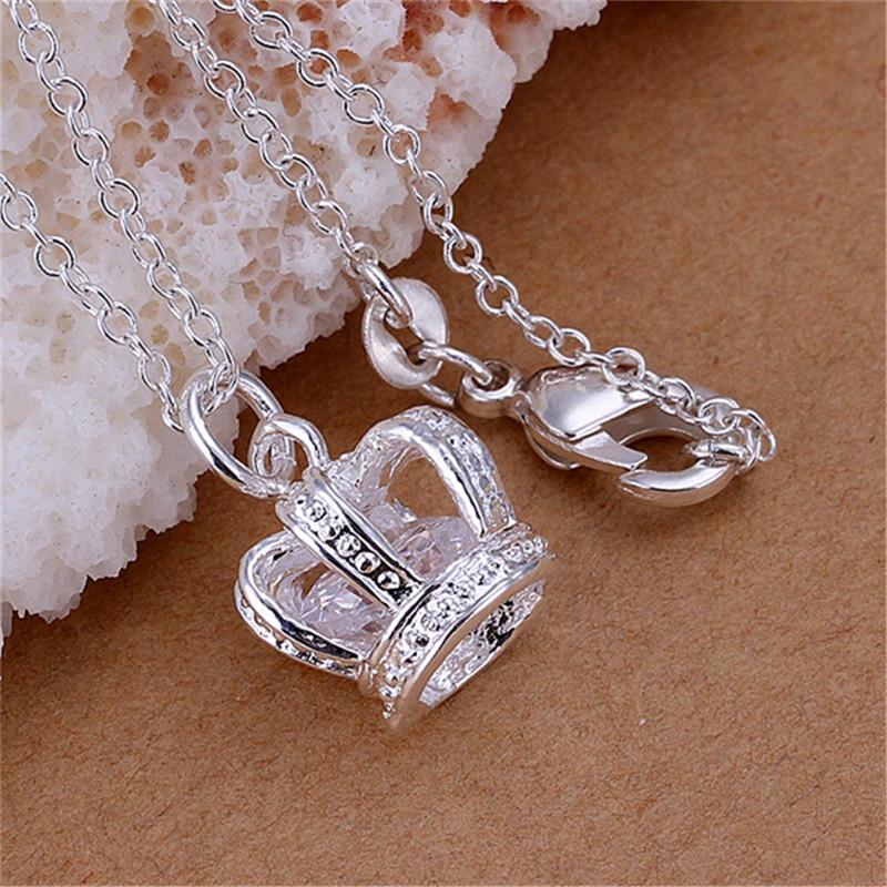 

925 Silver Necklace For Women Shining crystal crown Pendant 18 inches Christmas gift high quality wedding party Jewelry 45cm 18inches
