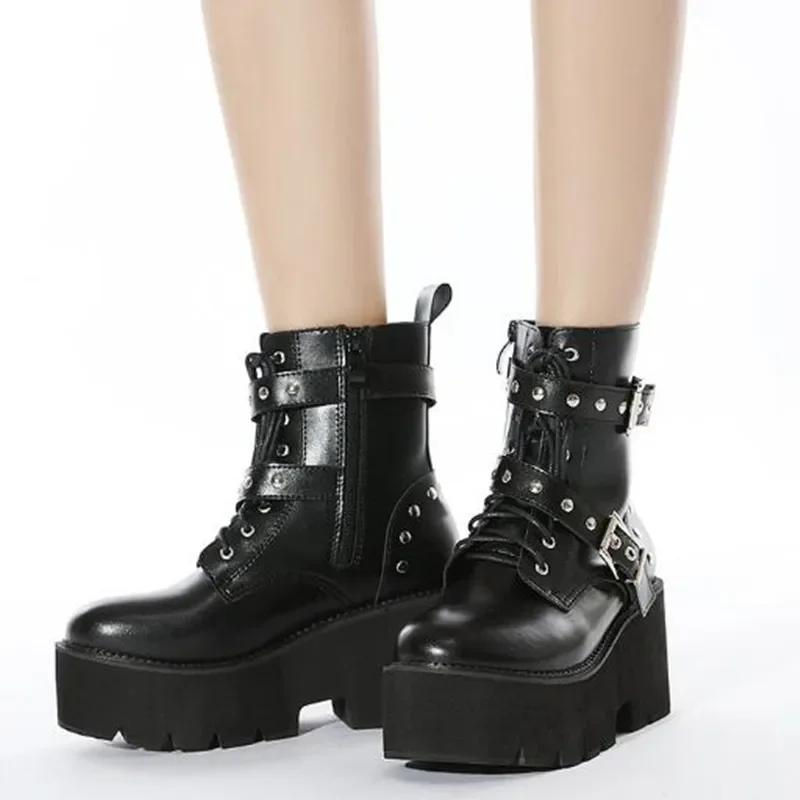 Punk Style Womens Boots High Quality Casual Leather Boots Fashion Platform Booties Thick Soled High-heeled Ankle Boots for Women