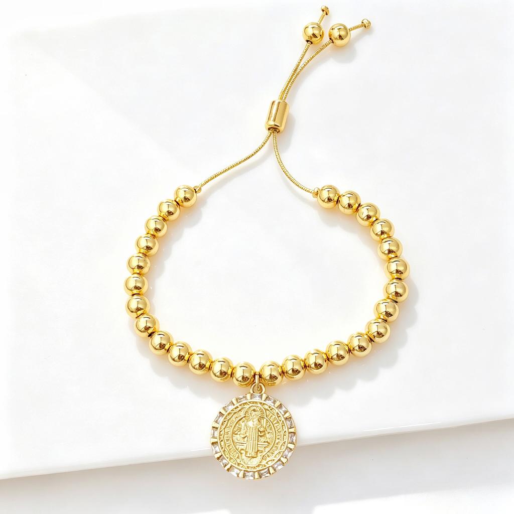 Gold-Plated 6mm Copper Bead Chain St. Benedict Pendant Adjustable Bracelet New Trend for Women's Daily Party Jewelry Accessory