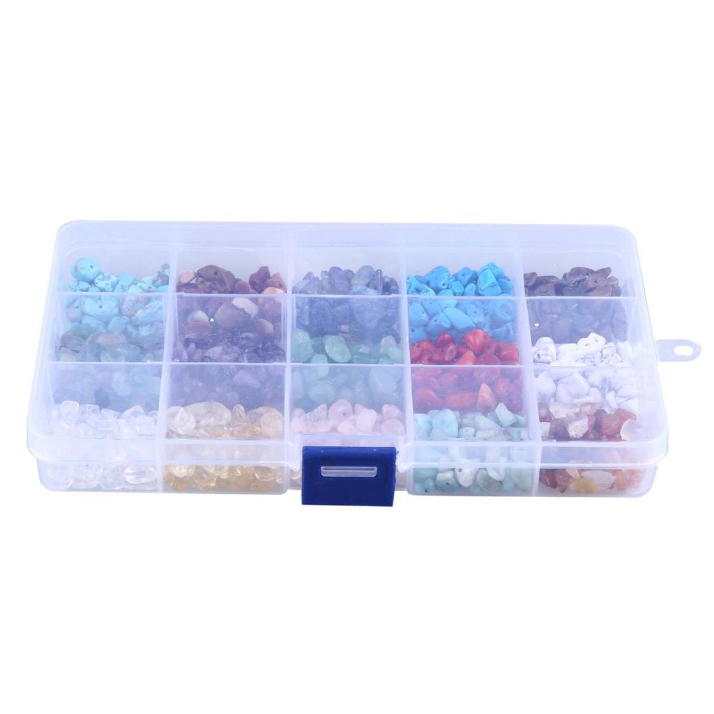 Crushed Natural Stone Bead Set: 15 Compartments with Amethyst, Lapis, Agate, Tiger Eye, Crystal, Turquoise, & More