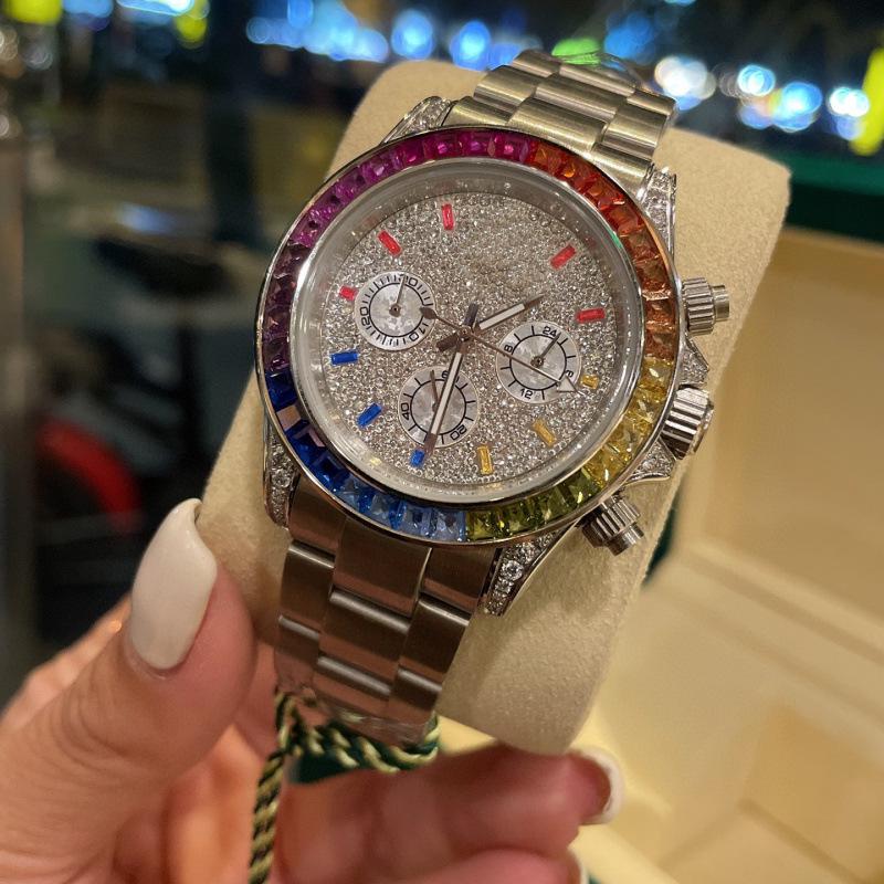 

2025 Rolex Daytona Rainbow Роскошные мужские часы с бриллиантами и стальным и резиновым ремешками