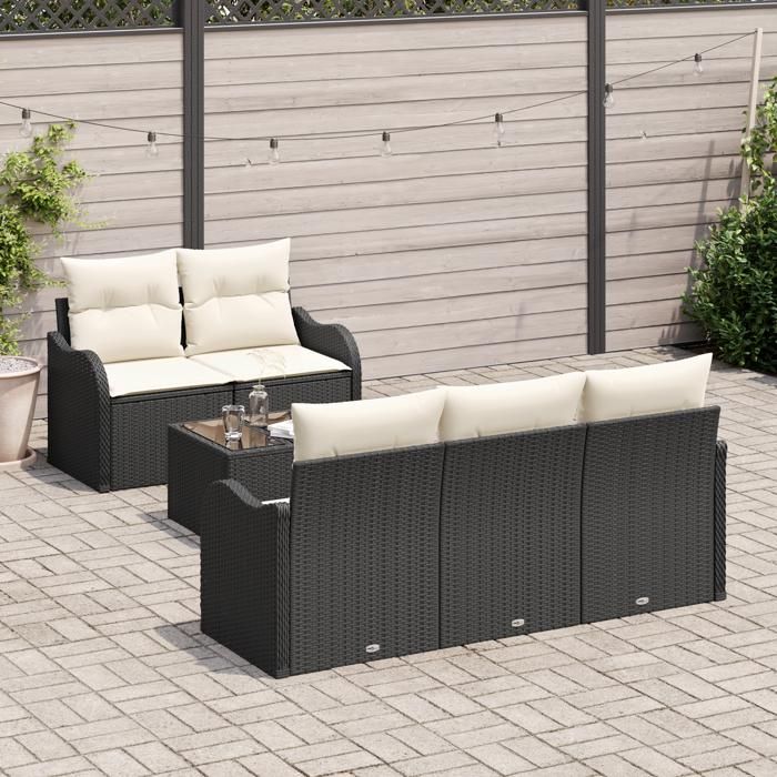 Ensemble de canapé de jardin 6 pièces avec coussins Noir Poly Rotin, Canapé de jardin 2 places avec rangement et coussins 3354246