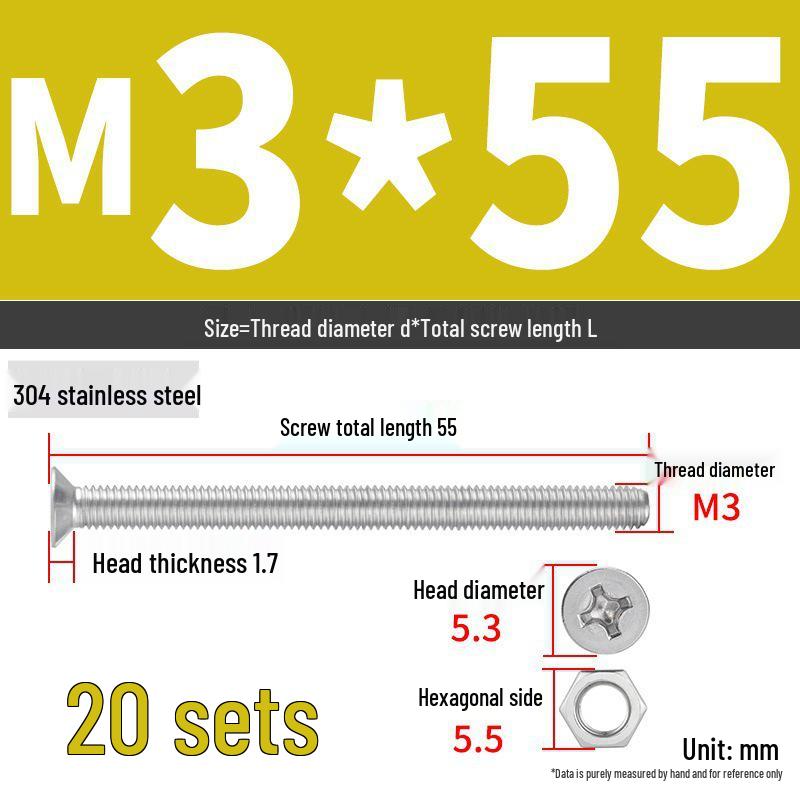 304 Stainless Steel Extra Long Phillips Flat Head Screws and Nuts Set (2M, 3M, 4M)