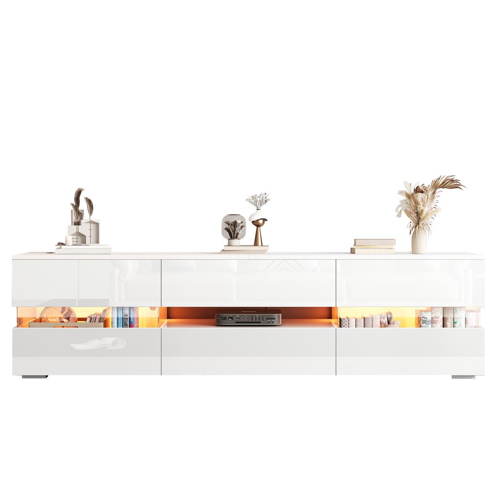 Moderner weißer High-Gloss TV-Schrank, 160x39x45 cm, LED-Beleuchtung, 2 Türen, 1 Schublade, Offenes Fach, 70-Zoll-Fernseher, Acrylglas-Einsatz, Push-to-Open