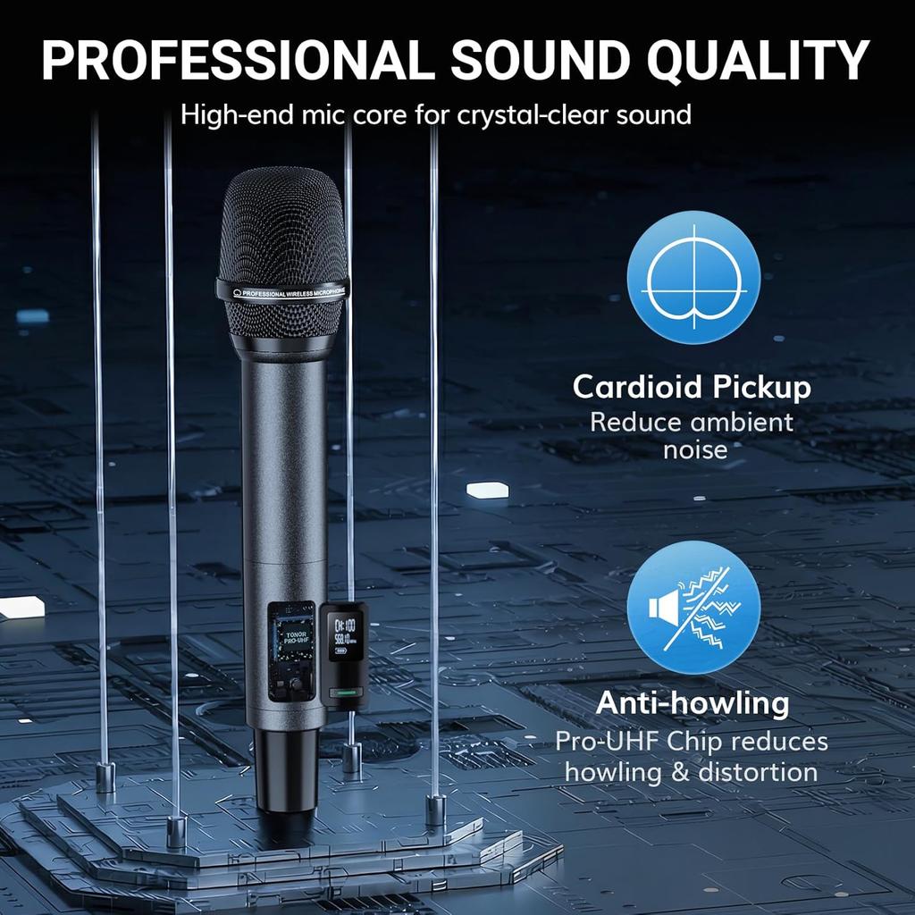 Bluetooth Wireless Microphones, Rechargeable UHF Cordless Microphone System for Home Party, Metal Dual Handheld for Home Karaoke, Church, Party