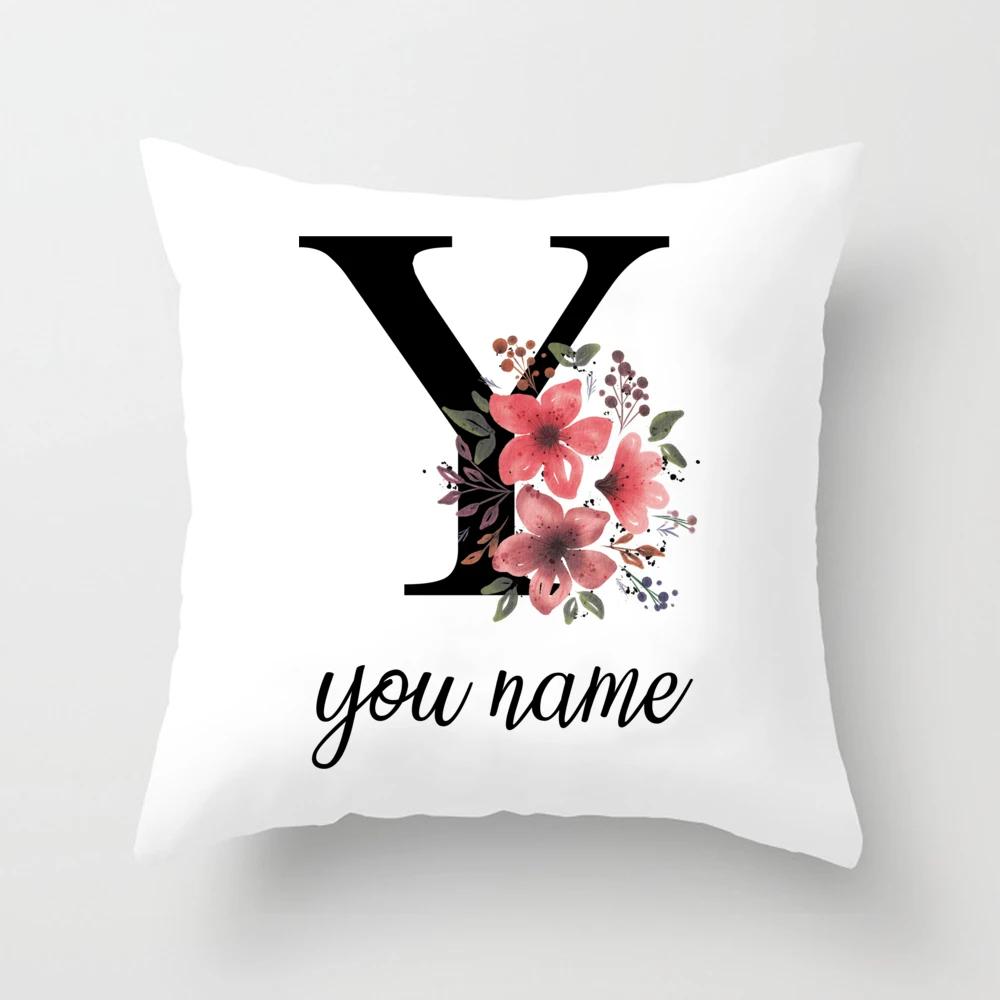 Personalized Name Flower Letter Pillow Case Alphabet Print White Square Pillow Case Dust Cover Bedroom Party Decoration