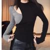Spicy Girl Color Block Patchwork Long Sleeve T-shirt - Women's Slimming Base Layer for Autumn/Winter
