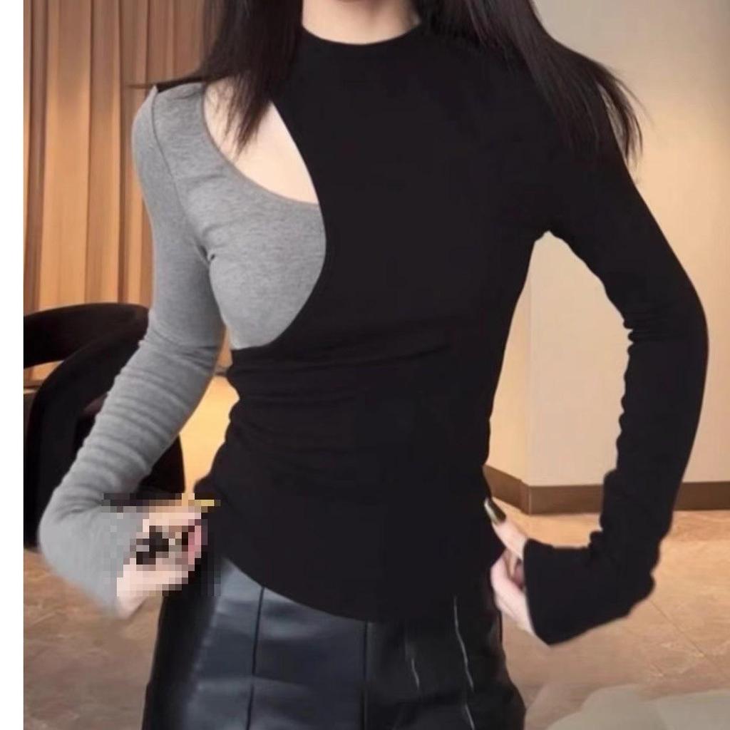 Spicy Girl Color Block Patchwork Long Sleeve T-shirt - Women's Slimming Base Layer for Autumn/Winter