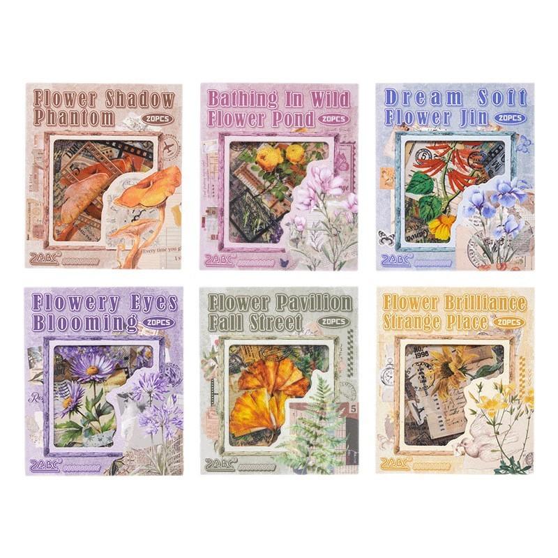 20sheets Floral Mushroom Leaves Sticker PET Stickers DIY Collage Supplies Creative Decor Scrapbook Stickers Magazine Decoration