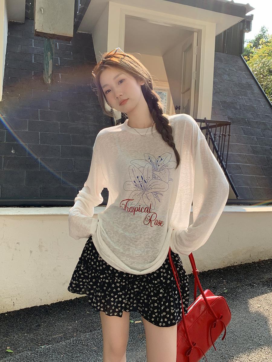 

Crew neck printed design sense sunscreen blouse long sleeve women s summer new loose lazy style thin top S белый